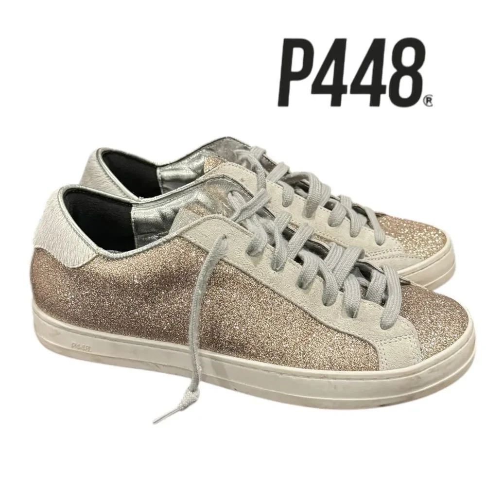 P448 Women's John Gold Fur Glitter Lace-up Tennis Shoes Sneakers 37